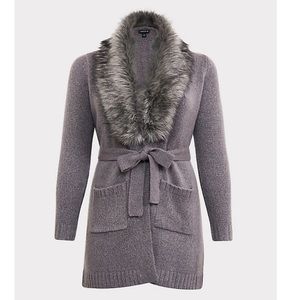 Grey rib faux fur collar cardigan